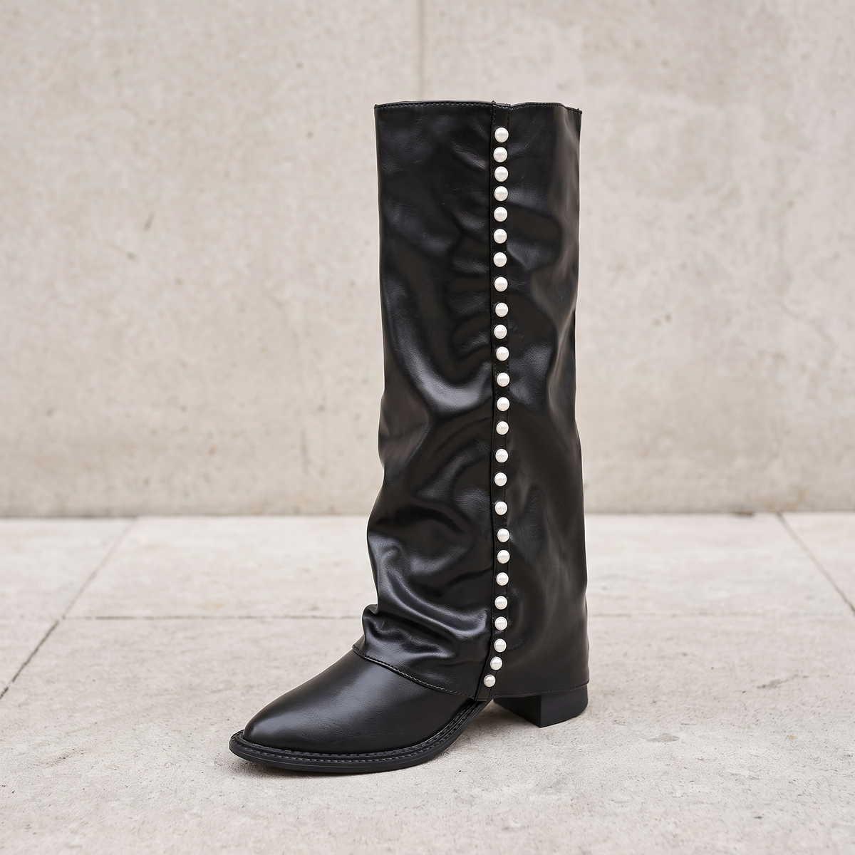 Women's Knee-High Synthetic Leather Boots with Pearls — Black