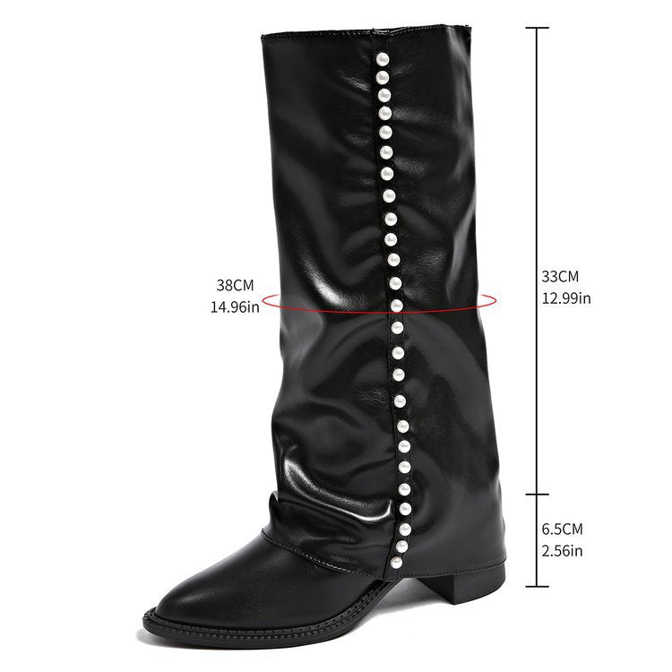 Women's Pearl-Trim Knee-High Boots in black.