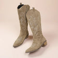 Women's Pointed Embroidered Western Boots in khaki.
