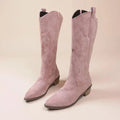 Women's Pointed Embroidered Western Boots in pink.