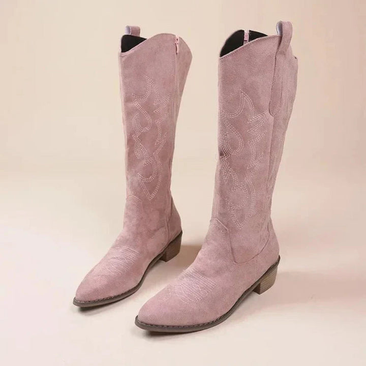 Women's Pointed Embroidered Western Boots in pink.