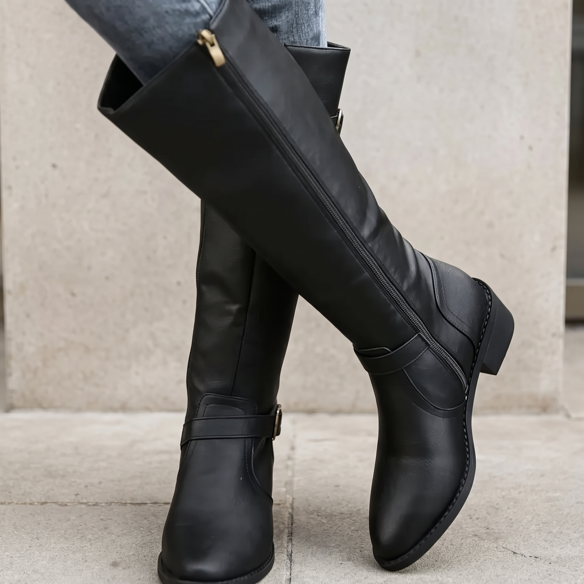 Women's Pointed-Toe Faux Leather Chunky-Heel Side-Zip Boots — Black