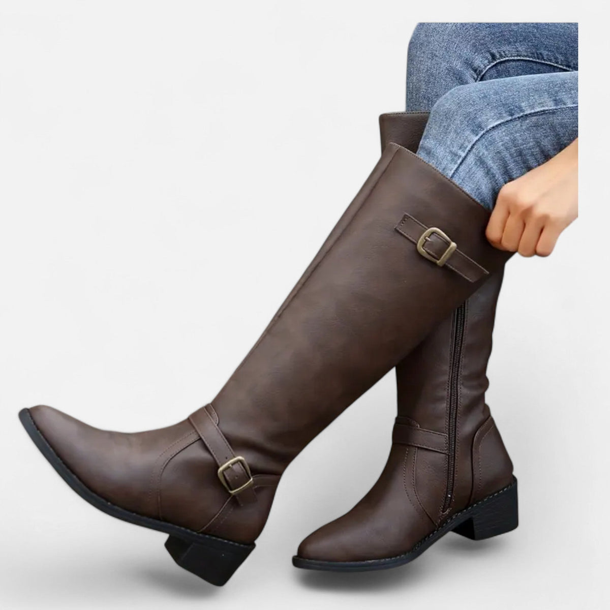 Women's Pointed Faux Leather Block-Heel Tall Boots.