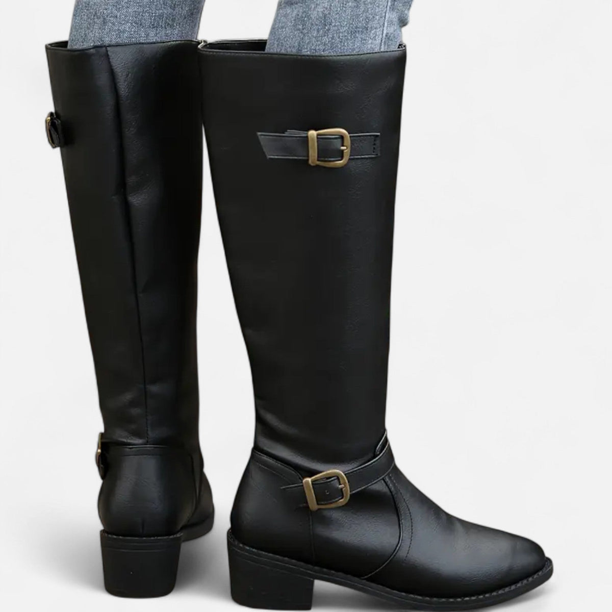 Women's Pointed Faux Leather Block-Heel Tall Boots.