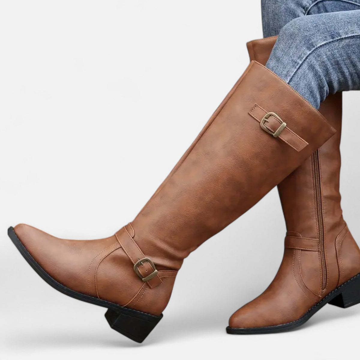 Women's Pointed Faux Leather Block-Heel Tall Boots.