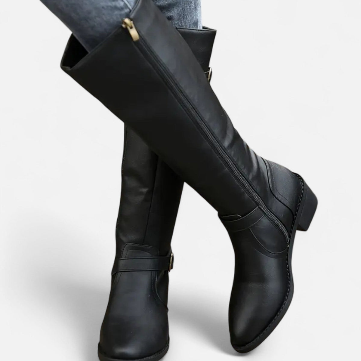 Women's Pointed Faux Leather Block-Heel Tall Boots in black.