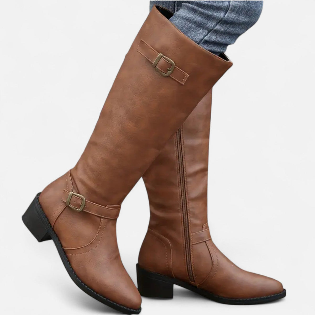 Women's Pointed Faux Leather Block-Heel Tall Boots in brown.