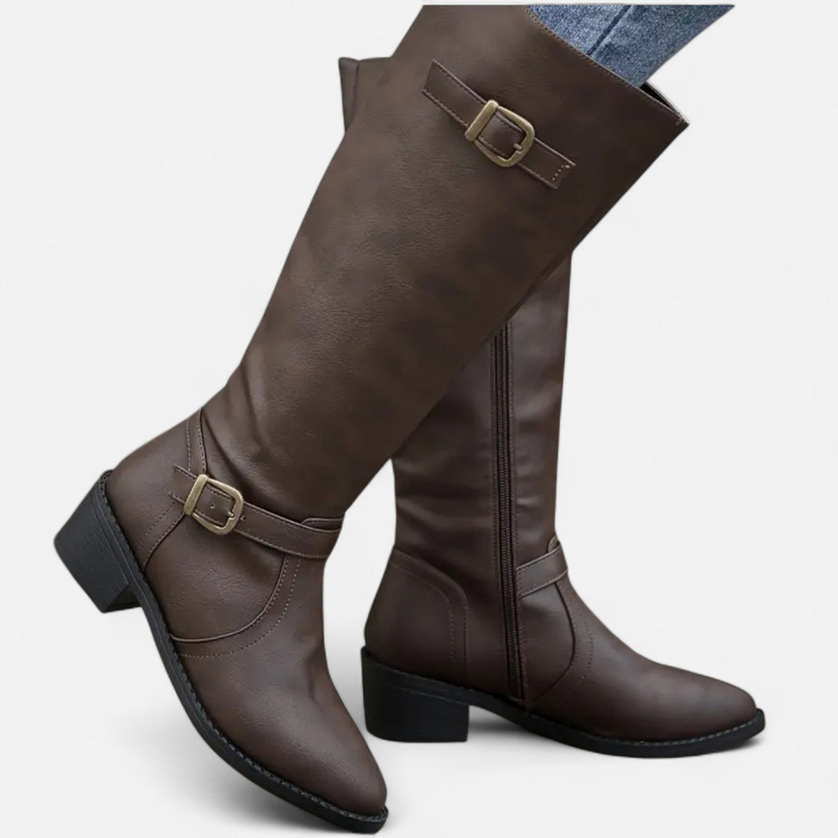 Women's Pointed Faux Leather Block-Heel Tall Boots in grey.