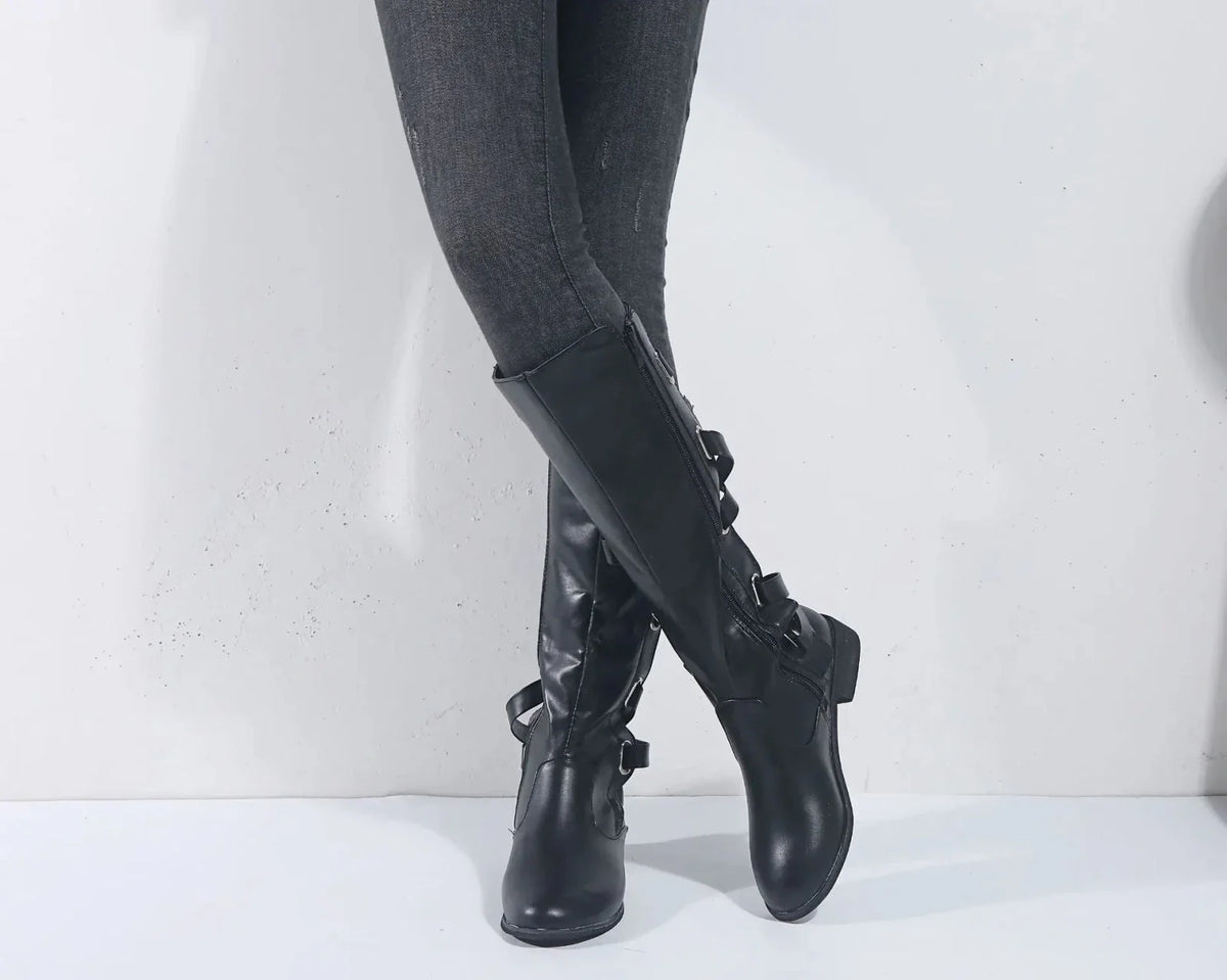 Women's Riding-Detail Adjustable Ankle Boots in black.