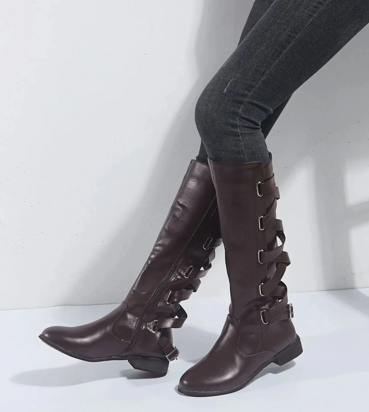 Women's Riding-Detail Adjustable Ankle Boots in dark brown.