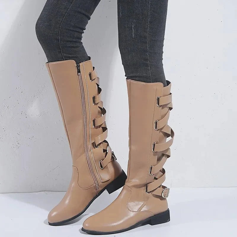Women's Riding-Detail Adjustable Ankle Boots in khaki.