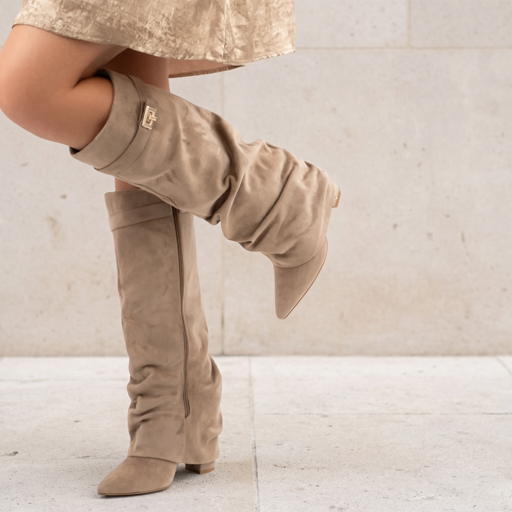 Women's Faux Leather Boots, Side Zip, Low Block Heel — Light brown