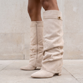 Women's Faux Leather Boots, Side Zip, Low Block Heel — Beige