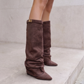 Women's Faux Leather Boots, Side Zip, Low Block Heel — Dark brown