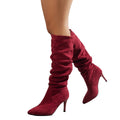 Women's Slouchy Suede Stiletto Boots in red.