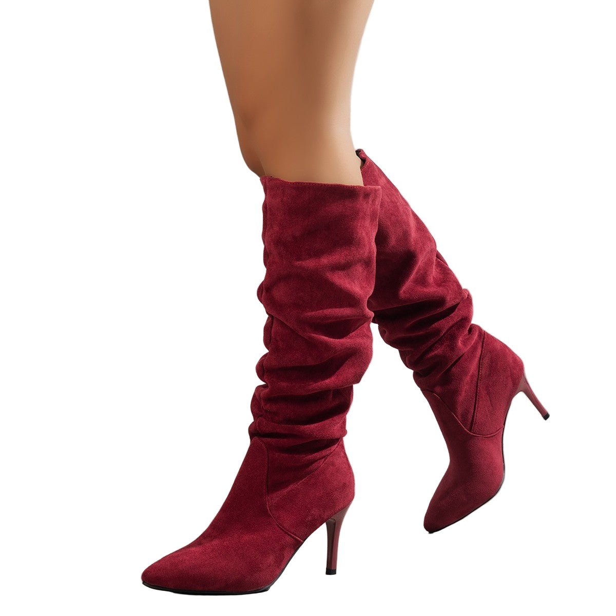 Women's Slouchy Suede Stiletto Boots in red.