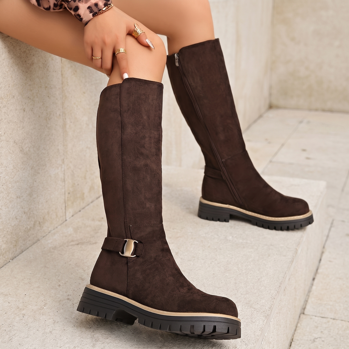 Women's Suede-Look Ankle Boots with Side Zip, Low Block Heel — Coffee