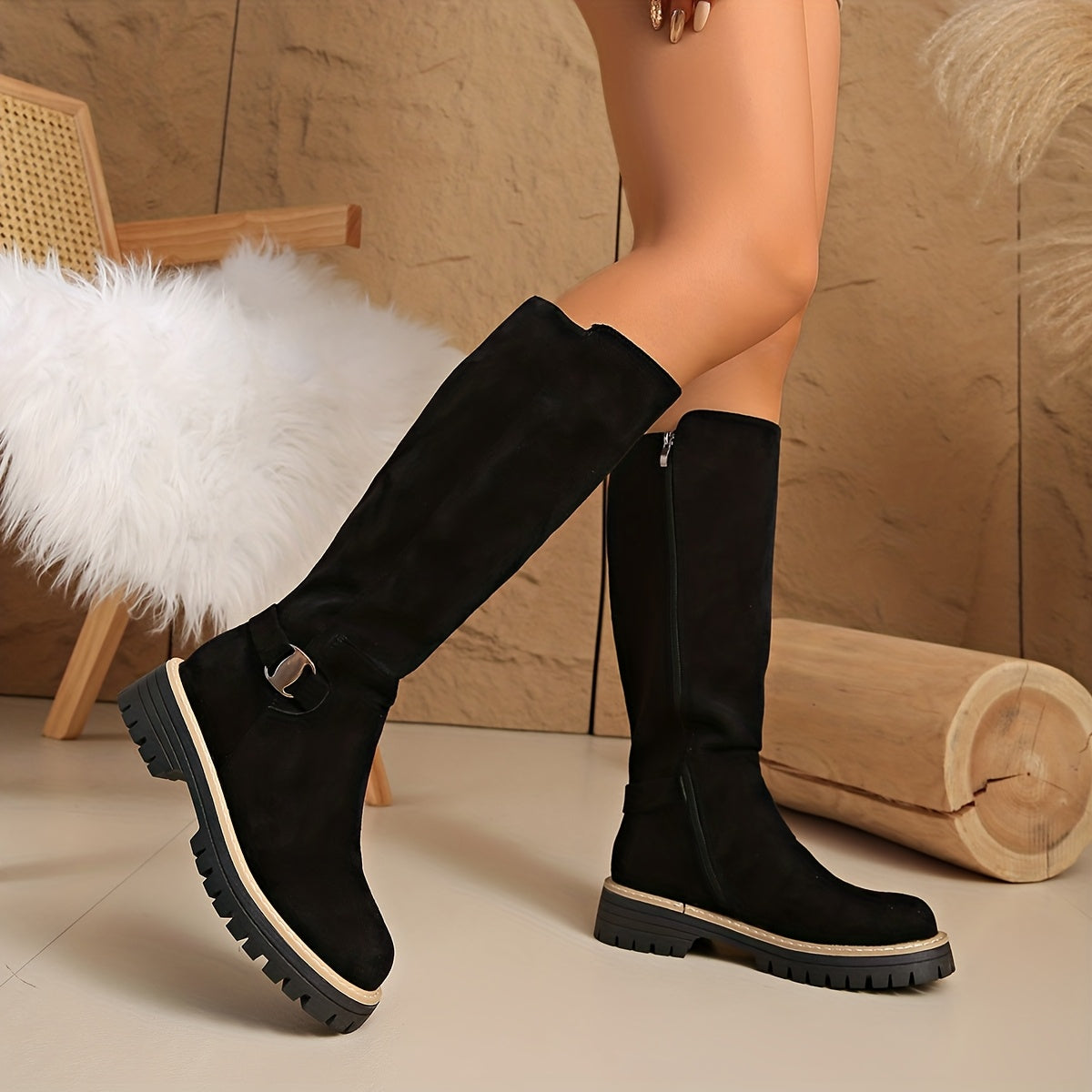 Women's Suede-Look Low-Heel Zip Booties in black.