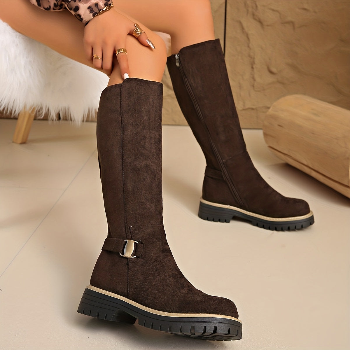 Women's Suede-Look Low-Heel Zip Booties in coffee.