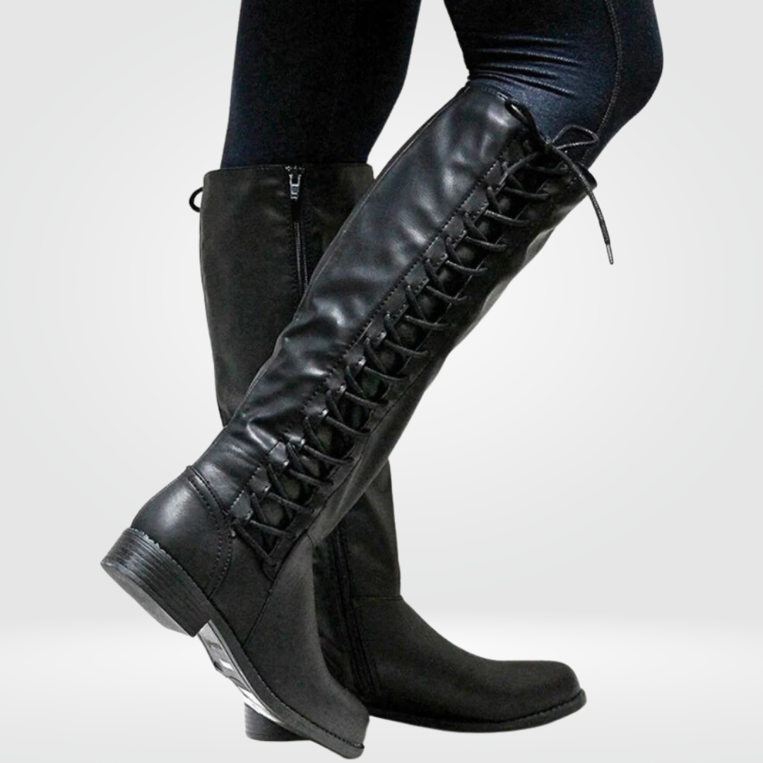 Women's Warm-Lined Leather Knee-High Lace-Up Boots in black.