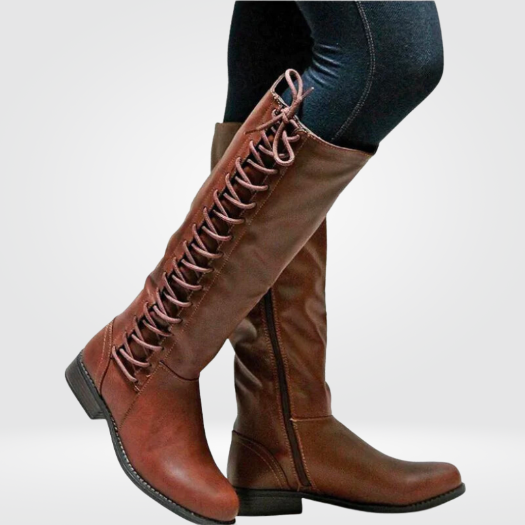 Women's Warm-Lined Leather Knee-High Lace-Up Boots in brown.